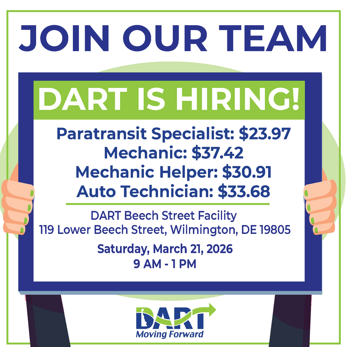 Dartfirststate's tweet image. Next stop: Your new career🚏
DART Hiring Event: March 21
dartfirststate.com/About/employme…
#jobopportunities #DARTDE #DE #DARTFirstState