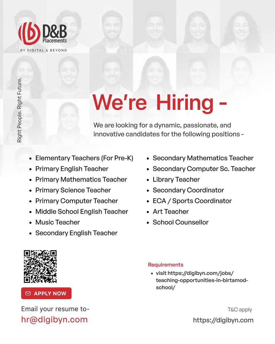 dnbforpeople's tweet photo. We're seeking passionate educators for various levels from Pre-K to secondary in subjects like English, Math, Science, Computer, and more. 

For details about the vacancy - 
https://t.co/lBdvUdkR2f 

#jobs #jobinteaching #hiring https://t.co/0PZlfXkv7M