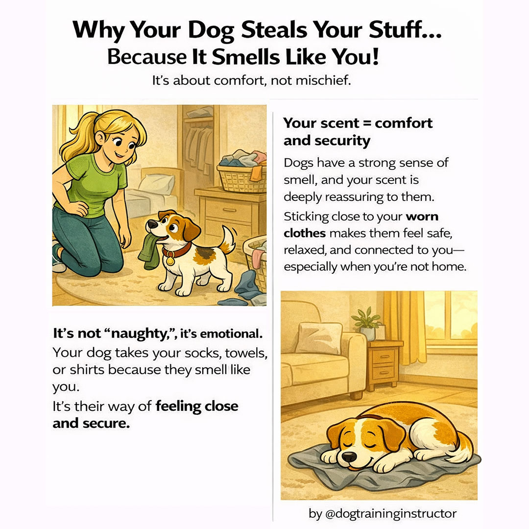 dogtraininginst's tweet image. Your dog stealing socks isn’t mischief 🧦🐶

it’s comfort.

Your scent helps dogs feel safe and emotionally connected when you’re not around. Understanding the why behind behavior leads to calmer training and less frustration.

#dogtraining #dogbehavior #positivedogtraining