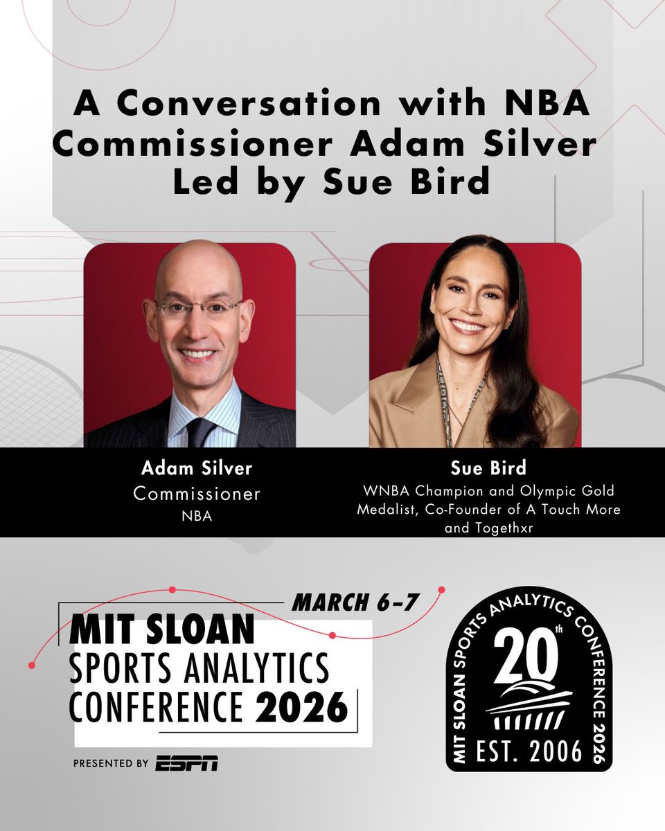 SloanSportsConf's tweet photo. π£ SSAC 2026 | Welcoming More League Commissioners to the Stage π£
π Adam Silver with Sue Bird
β½ Don Garber with Jessica Gelman
Inside the future of league building, talent, and media.
π Join the ticket waitlist: https://t.co/SBmGHKS2k2
#SSAC26 #AnalyticsIsLife https://t.co/F6t8fd8XmV
