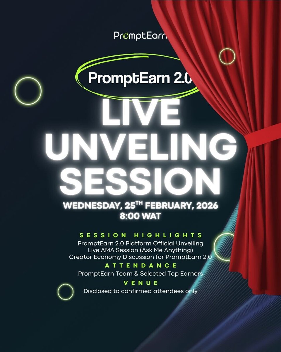 promptearn's tweet photo. Tonight, something big is happening behind closed doors.

The PromptEarn 2.0 Live Unveiling Session brings together selected top Earners for an exclusive first look at what’s coming next.

This isn’t just an update.
It’s the future of earning, creators, and digital opportunities on PromptEarn.

Inside the room:
* PromptEarn 2.0 platform unveiling
* Live Question and Answer with the team
* Deep conversations around the creator economy

Exclusive access to top affiliates and creators only. 

You can get exclusive access to future events like this, 
Follow link in bio to sign up now and stay consistent.