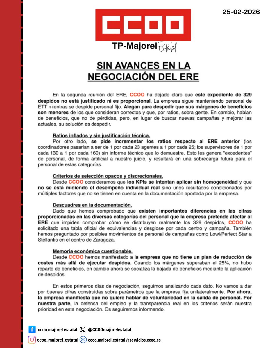 CCOOMajorel's tweet photo. 📢 Sin avances en la negociación del ERE. Seguiremos trabajando para defender cada puesto de trabajo. ✊🏼 #ccooservicios #ERE #defensadelempleo #teleperformance #majorel https://t.co/ceeYhaTo5N