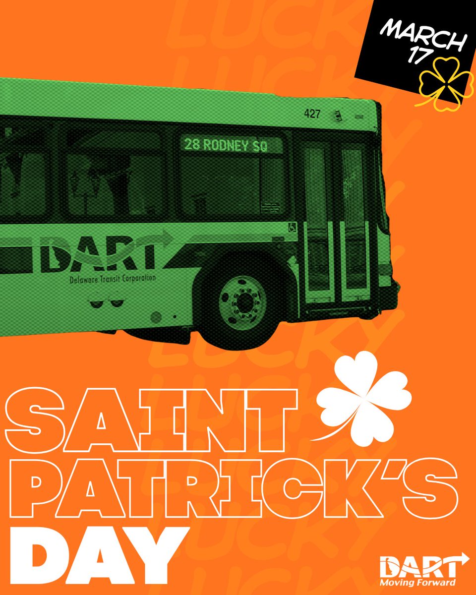 Dartfirststate's tweet photo. 🍀🚍Happy St. Patrick’s Day from DART! Feeling lucky to keep Delaware moving!
https://t.co/kfDlu88qUC
#SaintPatricksDay #DARTDE #DE #DARTFirstState https://t.co/fZW8TnyK4x