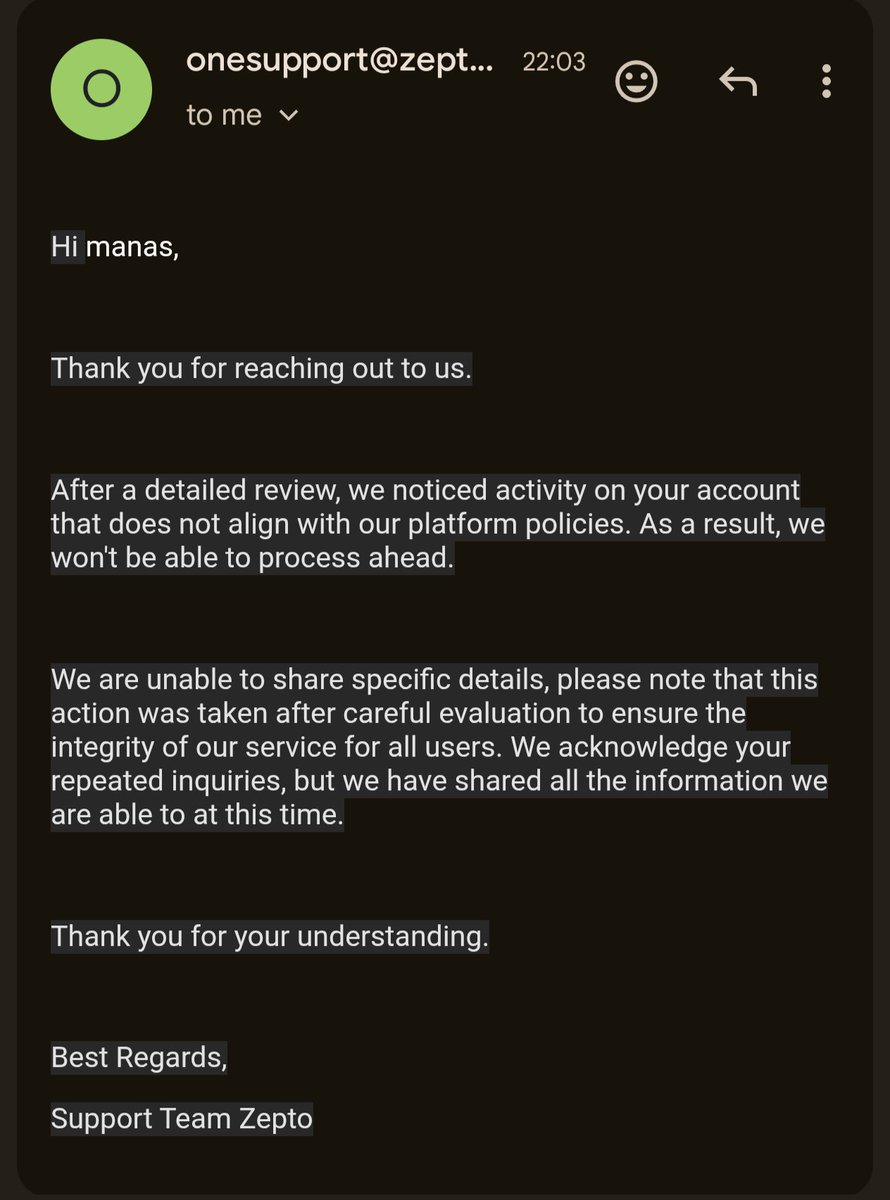manas2390's tweet photo. @zeptocares @ZeptoNow you deliver me a damaged product and then give me the attached screenshot reply on email. Refund the money for the damaged product. https://t.co/InULAAWRpa