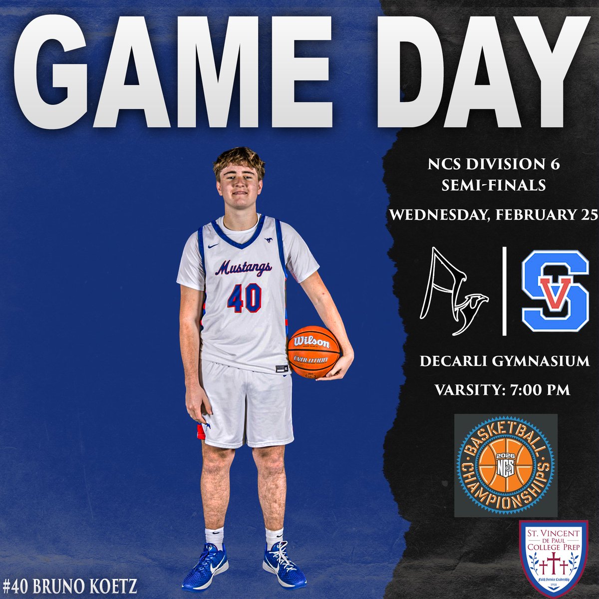 SVHSMensHoops's tweet image. 🏀 GAME DAY! 🏀

SV is back in the NCS Semi-Finals for the second consecutive season, as we host Averroes. Come support as we play for a spot in the NCS Championship!

📍 DeCarli Gymnasium
🗓 Wednesday, February 25
⏰ Varsity: 7:00 PM
#GoMustangs🐴 #YourChoice