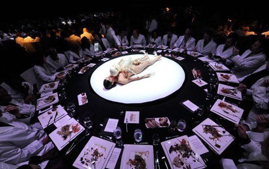 An actual dinner party picture from an event held by Marina Abramović for her satanic "elite" friends ...

The main course was on display...