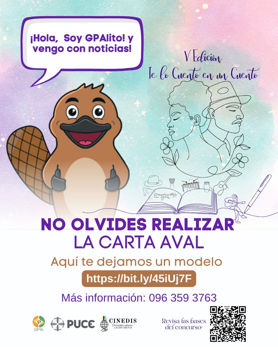 👋🏾📣 ¡Hola! Soy GPAlito y vengo con un recordatorio importante!

📝✨ Si vas a participar en la V Edición de “Te lo Cuento en un Cuento”, no olvides gestionar tu Carta Aval institucional.

🔗 Aquí te dejamos el modelo:
👉 bit.ly/45iUj7F

#TeLoCuentoEnUnCuento
#VEdición