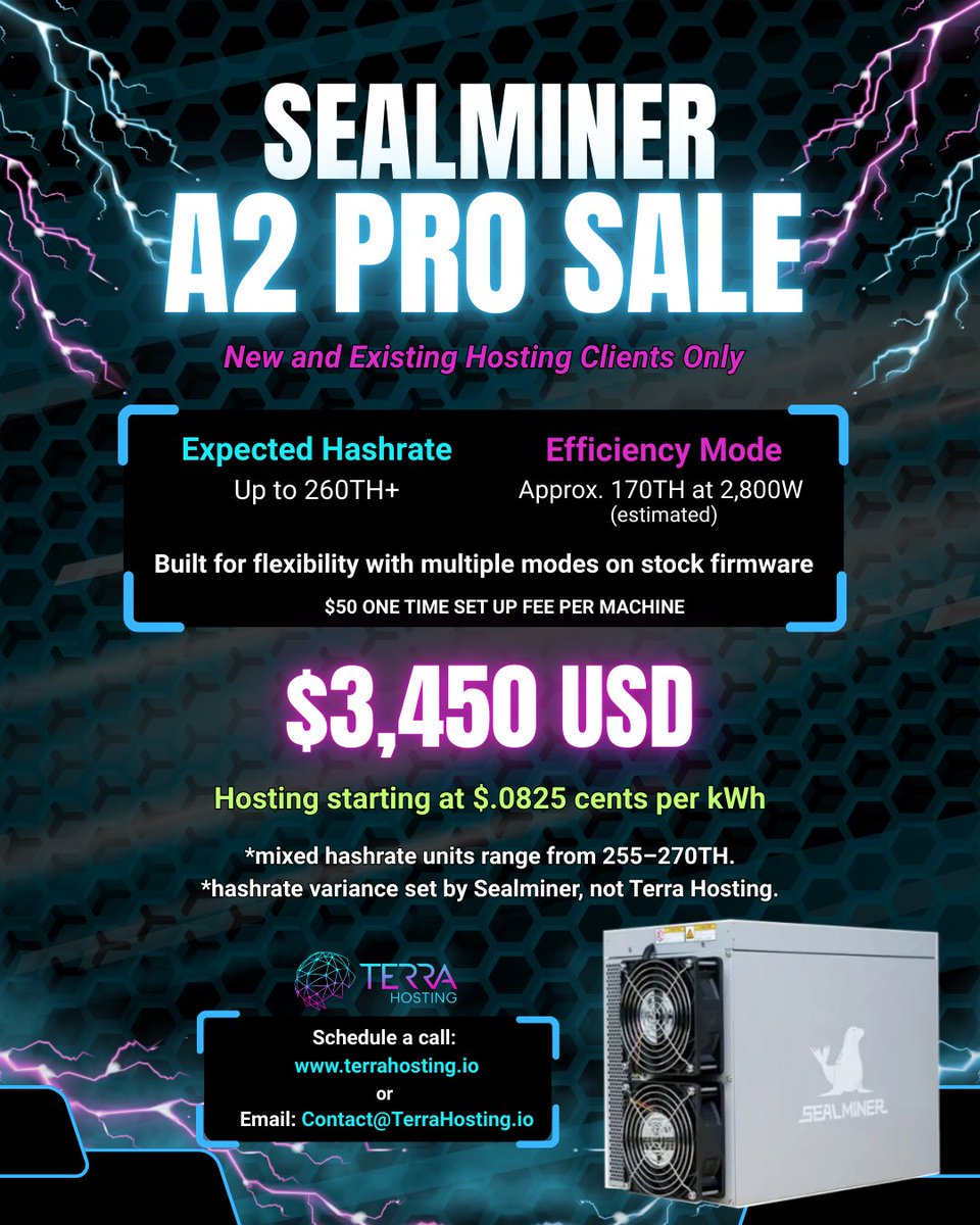 HostWithTerra's tweet photo. Heads up ⚡ 
Sealminer A2 Pro $3,450 per unit + $50 setup 
Two operating modes with stock firmware 
Available for new and existing Terra Hosting clients only. 🤝 One week only, ending March 4th. 
Happy to walk through the details!

Send us a DM or schedule a call at https://t.co/YCBHCk9ze7