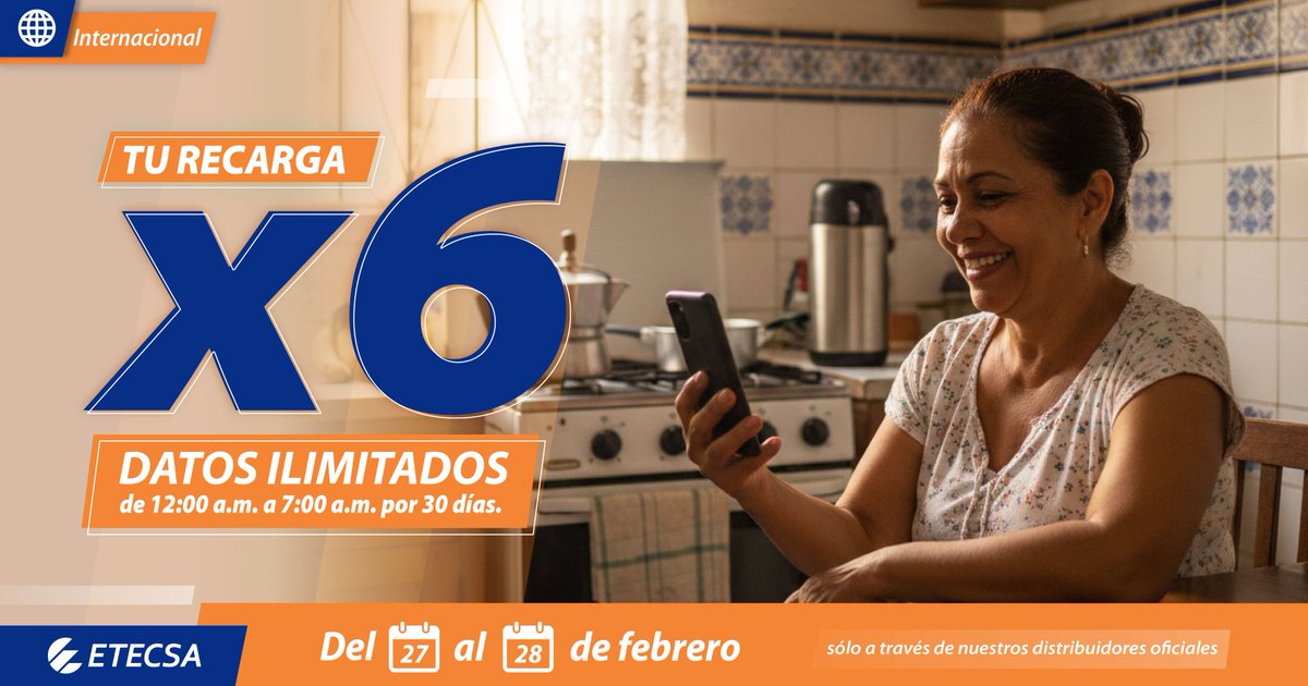EtecsaServicios's tweet photo. 27 y 28 de febrero, si recibes una recarga internacional entre 600CUP y 1250CUP, multiplicas el monto de tu recarga por 6 y recibes datos ilimitados de 12:00 a.m. a 7:00 a.m., durante 30 días.Conoce todos los detalles en https://t.co/0aOn0eDjmB 📷#RecargaInternacional https://t.co/zwCSWpWMCC