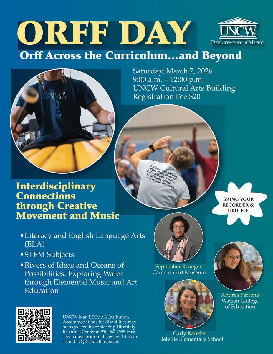 NCMEA's tweet image. Orff Day at UNCW

Direct link to register: buff.ly/uzsmbWW

#orffschulwerk #professionaldevelopment #musiceducation #UNCW @uncwdeptofmusic @aosa1968 @cccaosa @ncmea @ncmea_elem