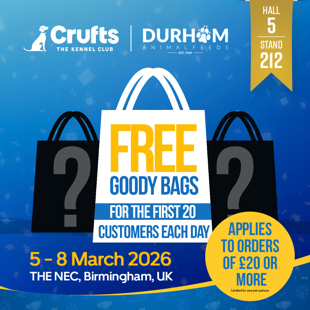 dafanimalfeeds's tweet photo. 🐾 🎉 CRUFTS GIVEAWAY!
At Crufts (5–8 March), the first 20 customers each day who spend £20+ at Hall 5, Stand 212 get a goody bag worth £25! 🎁
Be quick! Loads of show offers all day 🙌
Durham Animal Feeds
#Crufts #DogLovers https://t.co/k7IUNPT4v5
