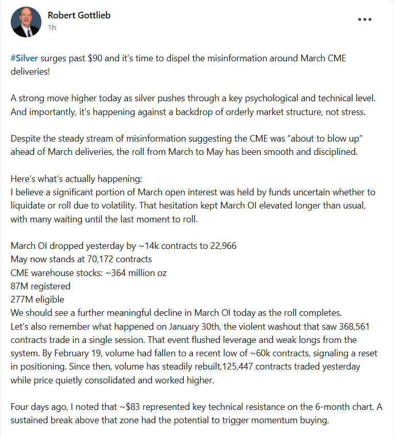 silvertrade's tweet photo. 🚨Former Bullion Banker Asks, 
"ARE WE WITNESSING THE EARLY STAGES OF SILVER'S NEXT MAJOR LEG HIGHER?" 🚀📈

"This rally is being driven by a healthier, less crowded market structure following January’s washout. With China back, leverage reduced, & structural deficits still firmly in place, the foundation for a sustained move higher in silver is STRENGTHENING." -Robert Gottlieb