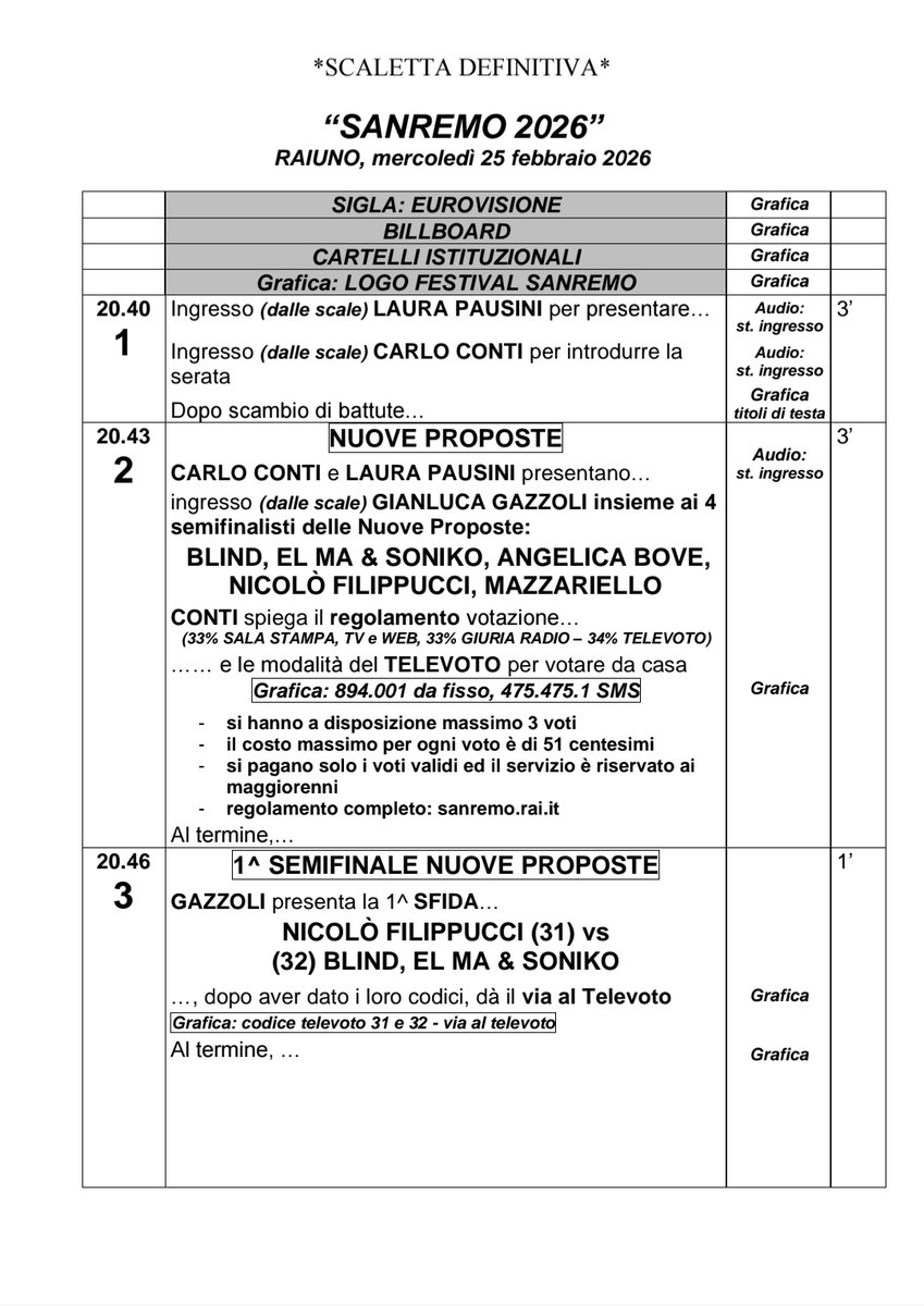 lunadelsecolo's tweet photo. 🔴SCALETTA SECONDA SERATA SANREMO 2026🔴 (1/5)
#Sanremo2026 https://t.co/j4vIBgKBrP