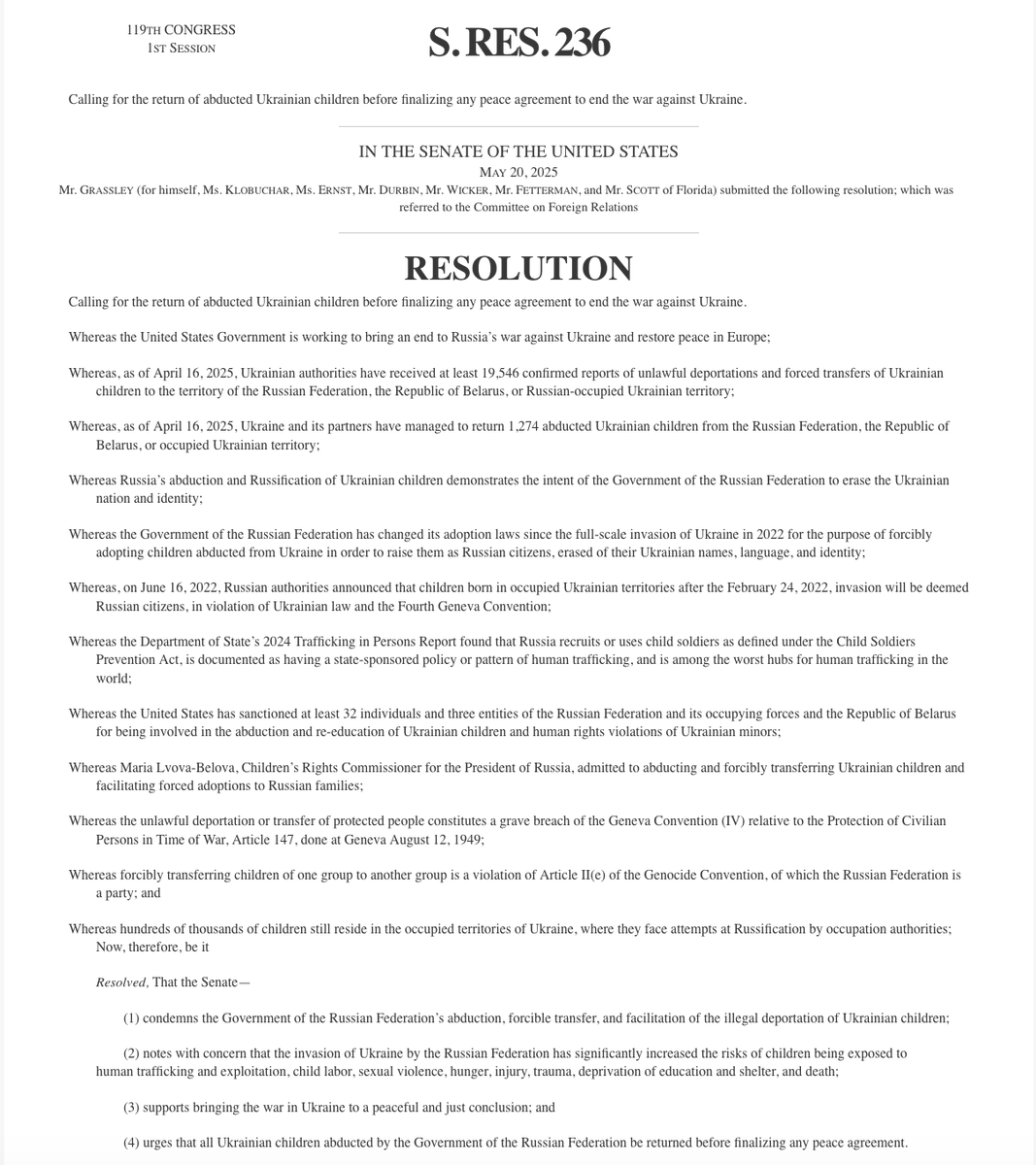 NEW!!  Another U.S. Senator joins bipartisan push for return of abducted Ukrainian children

Illinois Democrat <a href="/SenDuckworth/">Tammy Duckworth</a> backs Republican Senator Grassley's resolution demanding Moscow repatriate thousands of minors as precondition for any peace deal
