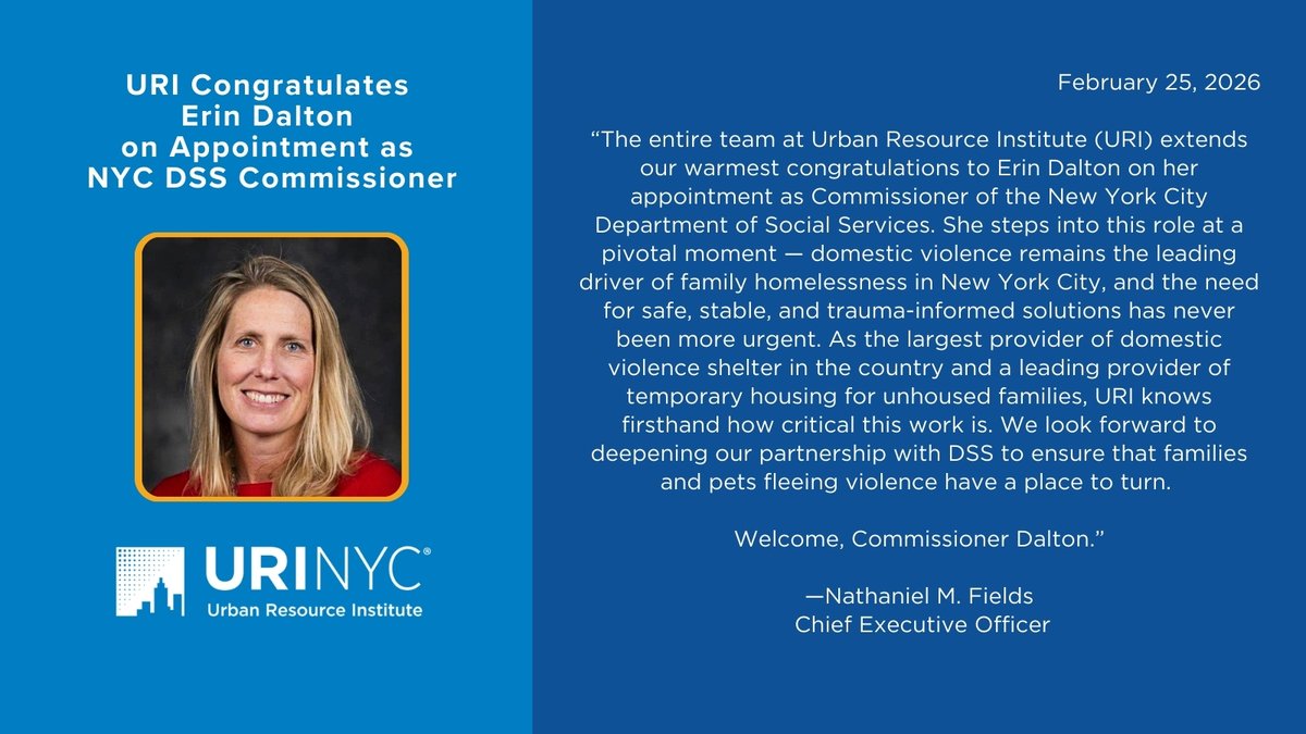 URI_NYC's tweet photo. Congratulations Erin Dalton &amp; welcome to NYC! Team URI stands ready to partner w/ you + @NYCMayor to increase safety, stability &amp; economic security for #DomesticViolence survivors and unhoused families across New York. https://t.co/FJfEGDPcXU