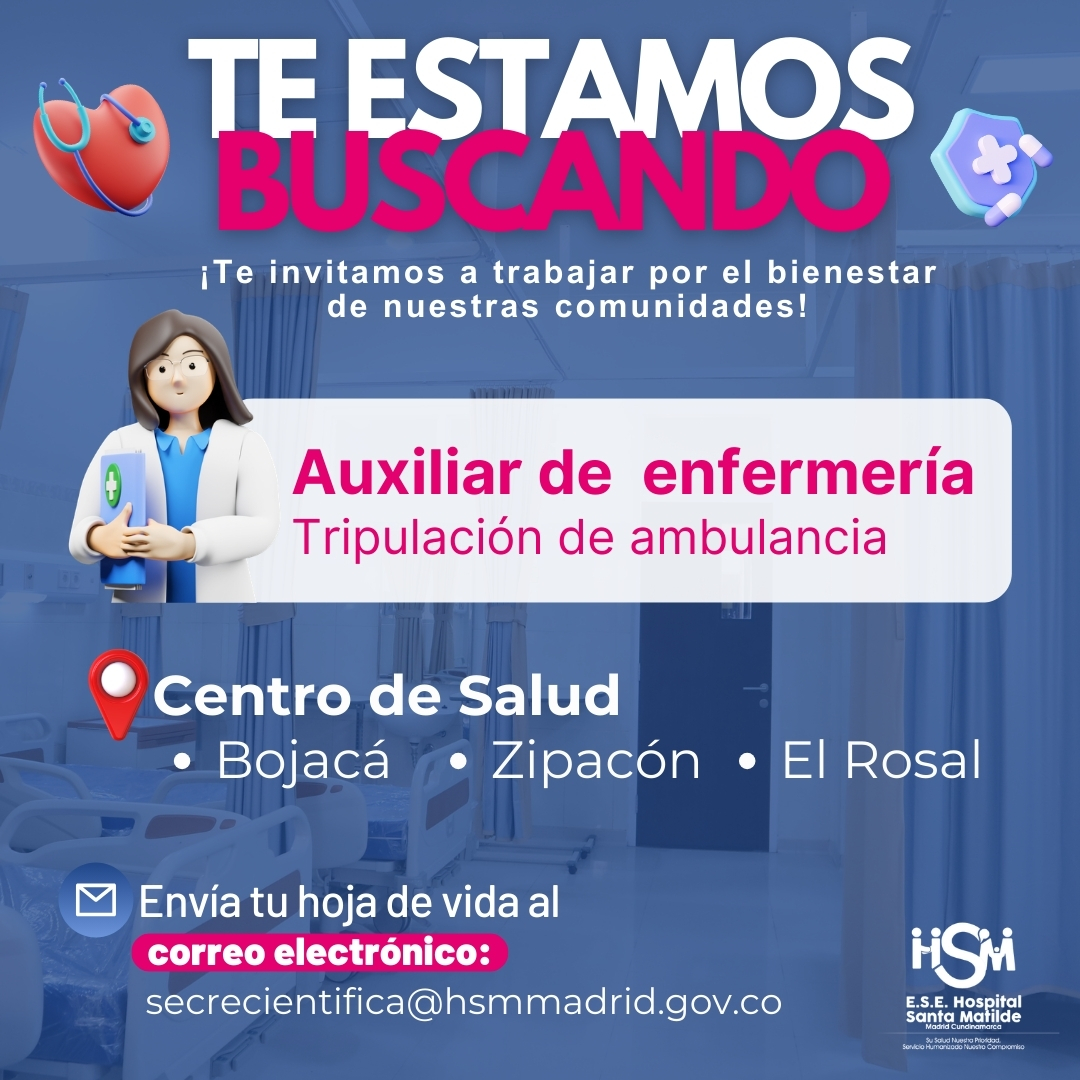 ESEHOSPITALHSM's tweet photo. ✨🚑 ¡Únete a nuestro equipo de salud!

La E.S.E. Hospital Santa Matilde de Madrid abre vacante para Auxiliar de Enfermería – Tripulación de Ambulancia.

📩 Envía tu hoja de vida a: secrecientifica@hsmmadrid.gov.co

💙 ¡Tu vocación puede salvar vidas! https://t.co/CdjoHhKz5b