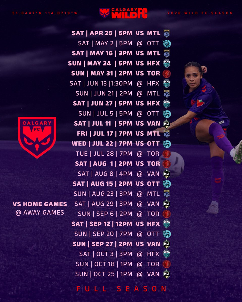 yycwildfc's tweet photo. Schedule dropped ✅
Kickoff times confirmed ⏰

Time to mark the calendar and get ready for Wild match days.

Schedule ➡️ https://t.co/P4K5b6RHku

#YYCWFC #SoarWithUs #NSL https://t.co/8gfJOY6vmq