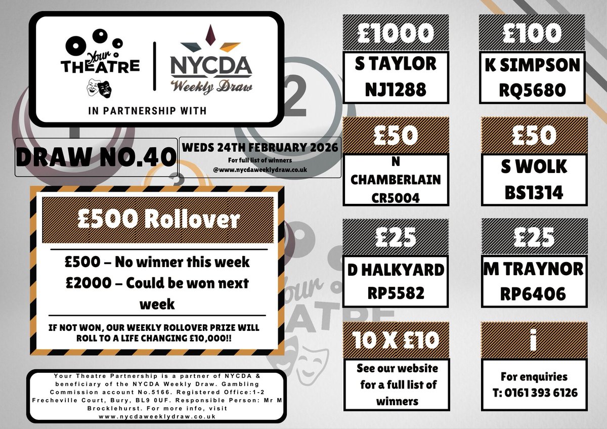 Winners info for Week 40

Starting at £1 per week to play &amp; you could be the winner of thousands of pounds worth of prizes whilst supporting local theatre near you!         

JOIN NOW - to play the weekly draw click: portal.fastpayltd.co.uk/signup/persona…