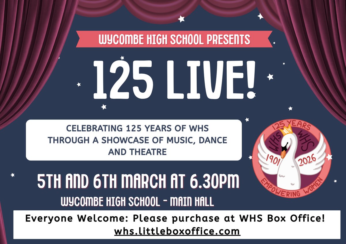 WycombeHighSch's tweet photo. Join us for 125 Live!, a special evening of music, dance and theatre celebrating 125 years of Wycombe High School and the incredible talent of our students.
๐ Tickets: https://t.co/z0A3i0Gwdd
#BeOutstanding #WHS125 #WycombeHighAlumnae #125Live https://t.co/2XpomkWGjz