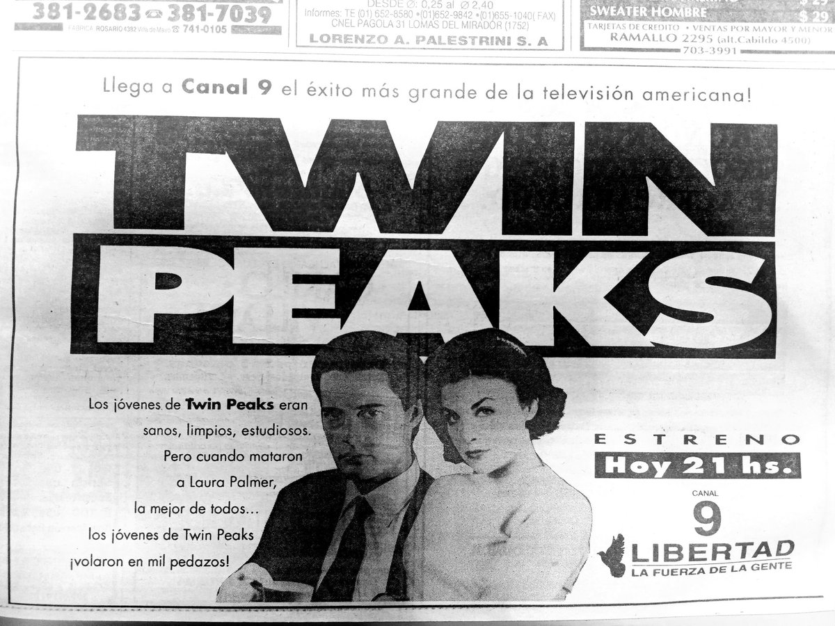 Este archivo que les voy a compartir es realmente increíble: el miércoles 24 de marzo de 1993 de estrenaba en Argentina Twin Peaks, en Canal 9. Dice la leyenda que Alejandro Romay compró los derechos por las similitudes con el caso María Soledad. Atención a la siguiente página👇🏻
