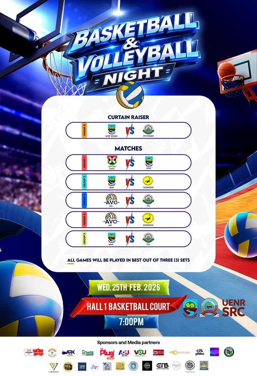 UenrSrc's tweet photo. THE ULTIMATE COURT SHOWDOWN IS TONIGHT

 Get ready for an electric night of hoops, spikes, and pure energy!🔥

The UENR SRC brings you a night of Volleyball and Basketball display.

#UenrSrc https://t.co/qmUY8ROQLm