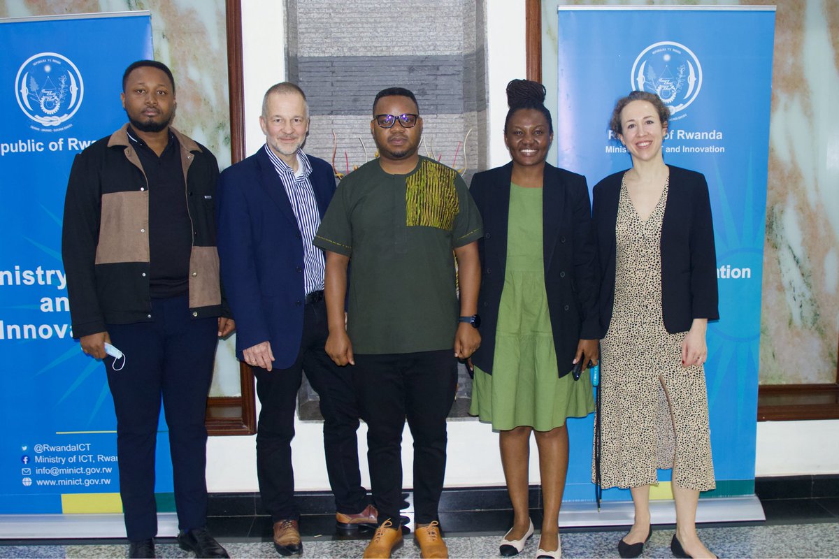 RwandaICT's tweet photo. Earlier today,  Minister of State @yves_Iradukunda , received a courtesy visit from the Ojemba team, led by co-founders Mr. Volker Maiborn and Ms. Marie Ohnesorge, along with COO Ms. Fanny Ndamukunda.

They provided updates on Ojemba’s growth, their SPARC program for developing software talent, and ongoing collaboration within Rwanda’s tech ecosystem, with a focus on skills development and knowledge sharing.