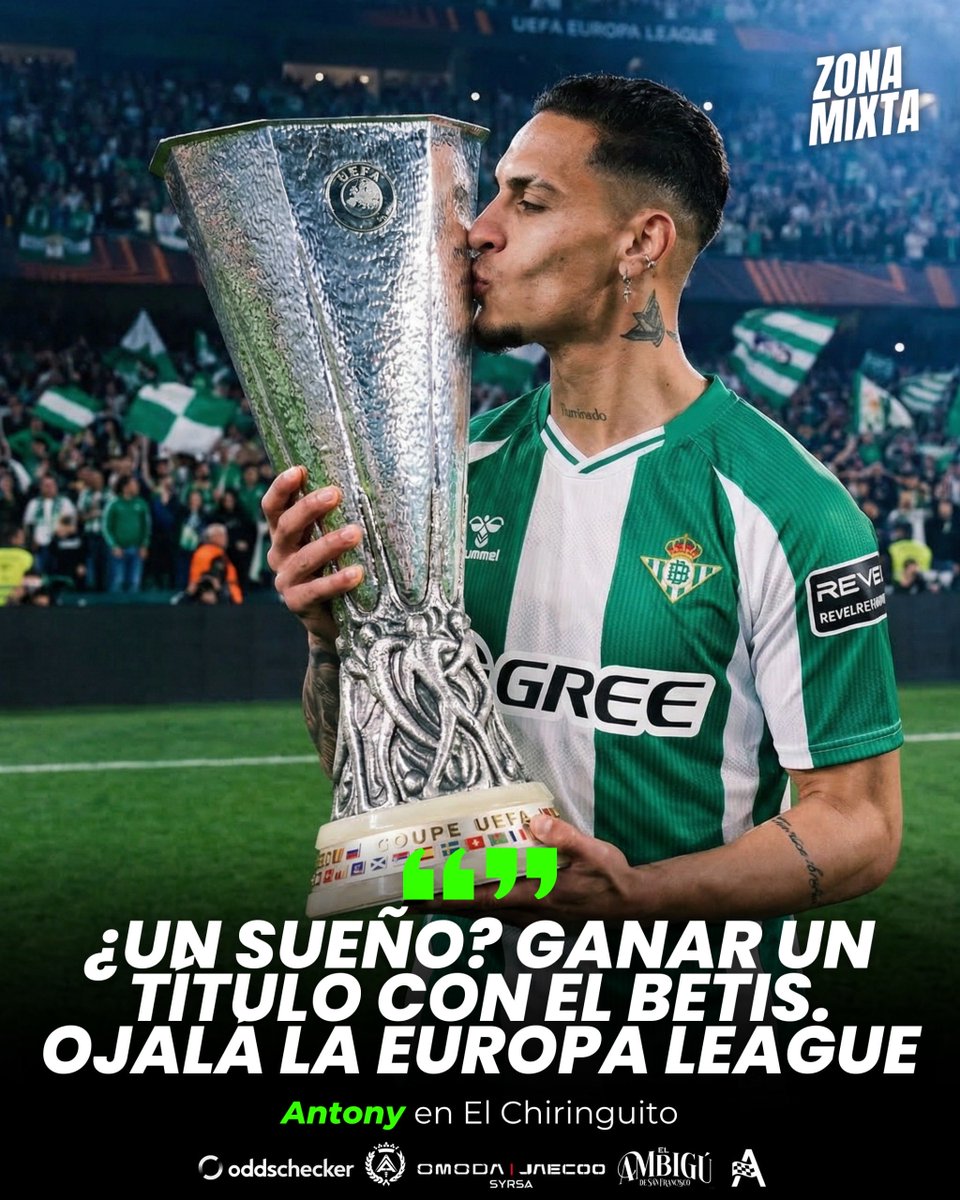 🟢⚪️ ¿El SUEÑO de ANTONY?

🏆 “Ganar un TÍTULO con el <a href="/RealBetis/">Real Betis Balompié 🌴💚</a>”

👀 “Ojalá sea la Europa League, pelearemos por eso”

🎙️ <a href="/elchiringuitotv/">El Chiringuito TV</a> | #ZonaMixta