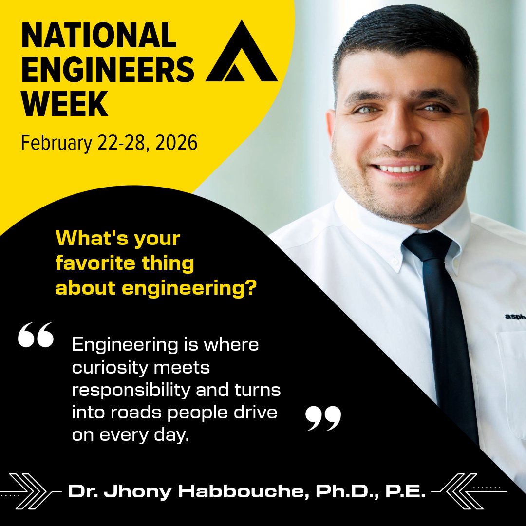 Asphalt_Inst's tweet photo. Thank you to all the engineers who keep us safe, maintain our utilities and transportation infrastructure and innovate to build a better world. As we celebrate National Engineers Week, we honor Jhony, Danny, Mark and Jason for their dedication. #NationalEngineersWeek #EWeek https://t.co/jDvOj5Fkzq