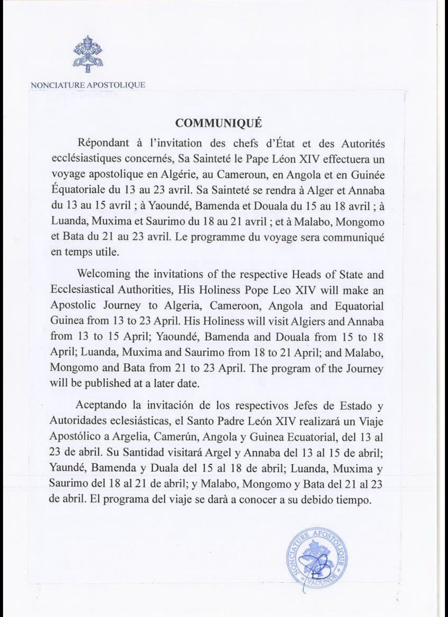 GotVoyagesGE's tweet photo. BREAKING NEWS 🔥: 
Pope Leo XIV is coming to Africa! 🌍 Visiting Equatorial Guinea from April 21-23, as part of his 10day trip to 4 African countries,including Algeria, Cameroon,and Angola.🙏#PopeLeoInAfrica #EquatorialGuinea #CatholicChurch 
@teonguema @GotVoyagesGE
@Malabofest https://t.co/sK8IXFFjOY