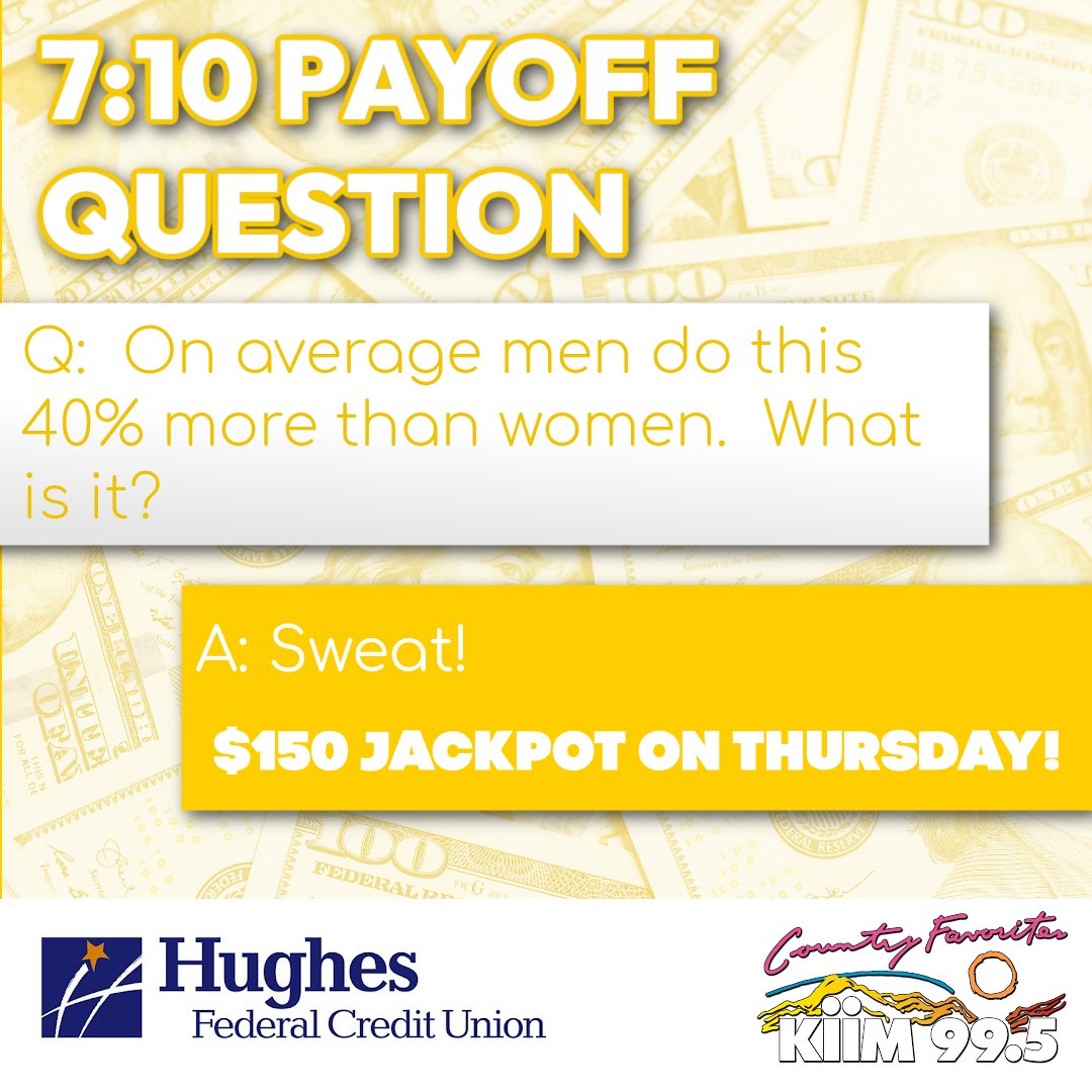 Listen to Max, Shannon &amp; Porkchop Thursday (2/26) morning for your chance to win the $150 jackpot with the 7:10 Payoff Question!⁣⁣ ⁣🤠

Sponsored by Hughes Federal Credit Union!