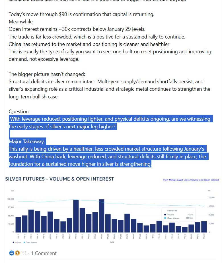 silvertrade's tweet photo. 🚨Former Bullion Banker Asks, 
"ARE WE WITNESSING THE EARLY STAGES OF SILVER'S NEXT MAJOR LEG HIGHER?" 🚀📈

"This rally is being driven by a healthier, less crowded market structure following January’s washout. With China back, leverage reduced, & structural deficits still firmly in place, the foundation for a sustained move higher in silver is STRENGTHENING." -Robert Gottlieb