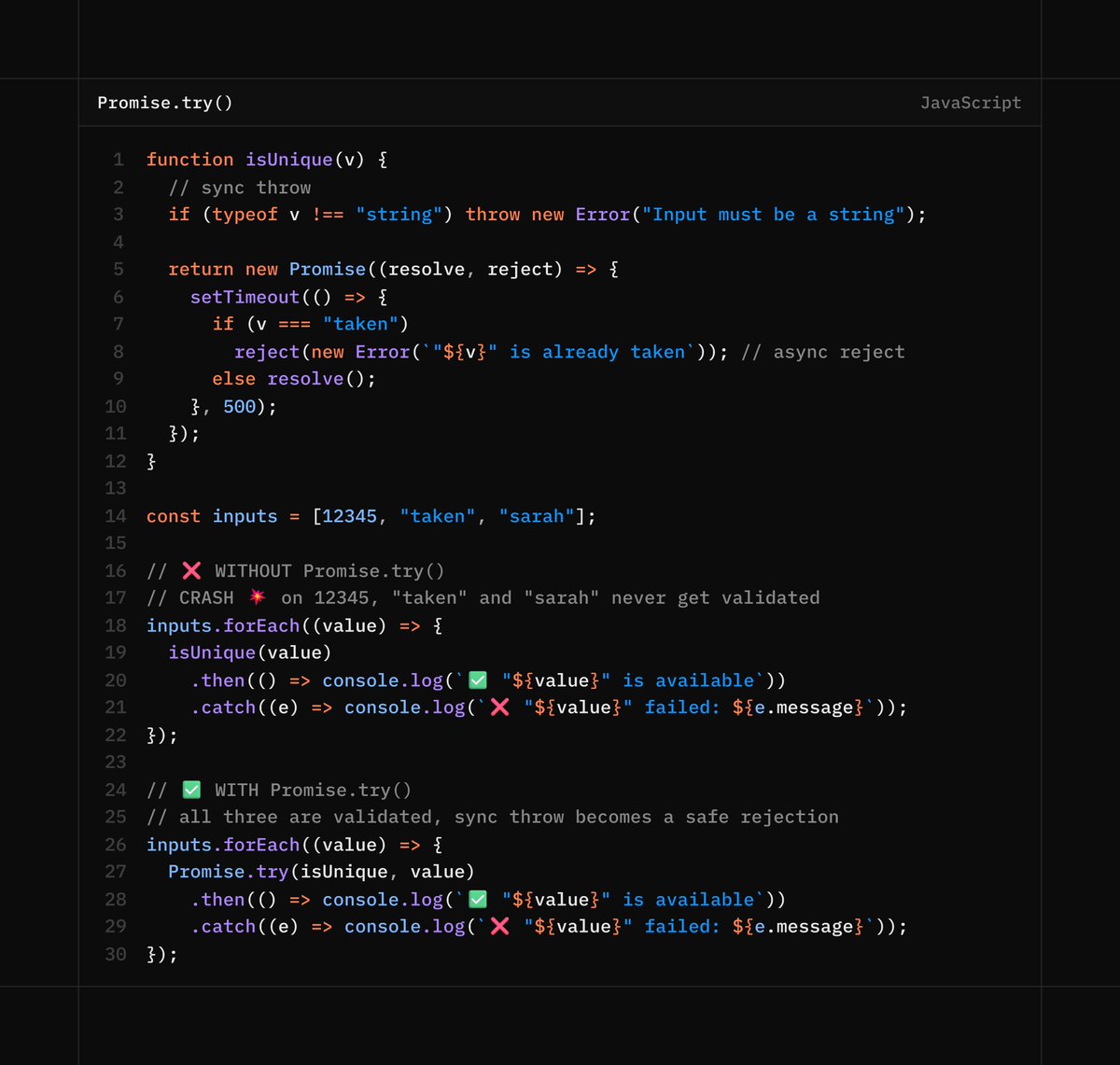 KaraBharat's tweet photo. ⚡️ JavaScript: Promise.try()

Wraps any function, sync or async, so errors always end up in .catch() and never crash your code.

See it in action 👇

#JavaScript https://t.co/1cRc6uwxz6