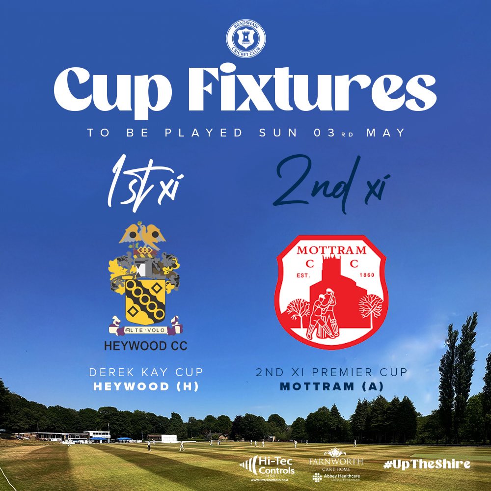 BradshawCricket's tweet photo. 🚨CUP FIXTURES HAVE BEEN DRAWN🚨

Our 1st XI have been drawn at home to @HeywoodCC in the Derek Kay Cup.

The 2nd XI travel to @MottramCricket in the 2nd XI Premier Cup.

Both ties to take place on Sunday 03rd May!

#UpTheShire https://t.co/5gET28rl7g
