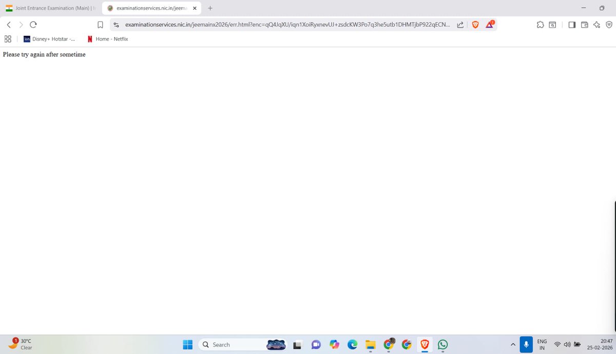 AKY_grapher's tweet photo. "@NTA_Exams JEE Main 2026 registration site is completely down/crashed for the last 1+ hour on deadline day (25 Feb). Can't submit form despite trying incognito, different networks, browsers. Thousands affected. Please extend deadline or fix urgently! #JeeMain2026 #NTACrash https://t.co/xwpoBT3CON