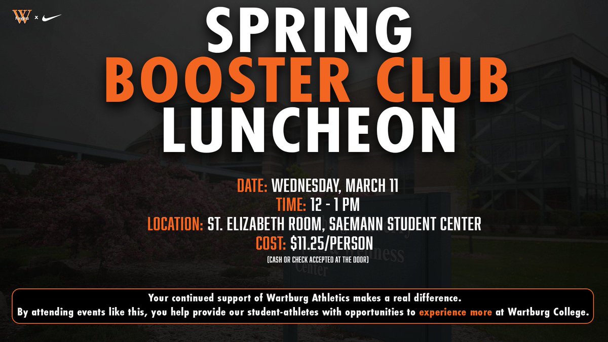WartburgKnights's tweet photo. Wartburg Athletics is excited to invite 𝐘𝐎𝐔 to our third Athletic Booster Club Luncheon of the year on March 11 from 12 to 1 p.m.

Join us to hear a spring sports preview from our coaches and a message from Wartburg Lowell J. Walker Athletics Directorship Endowed Chair/Athletic Director, John Cochrane.

Registration link »  https://t.co/85r5Q22mNj

#GoKnights