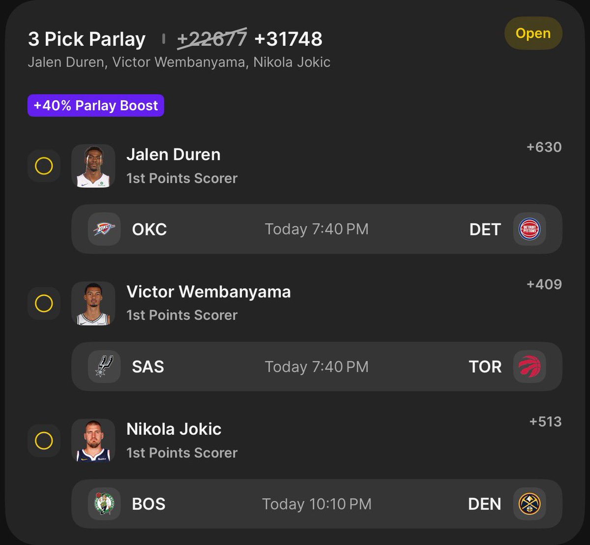 ArnoldsAiModels's tweet photo. First Basket Moonshot Parlay +31748🥇

Duren x Wemby x Joker🎯

Big men win the tip and score. https://t.co/m7K4VeAZPj