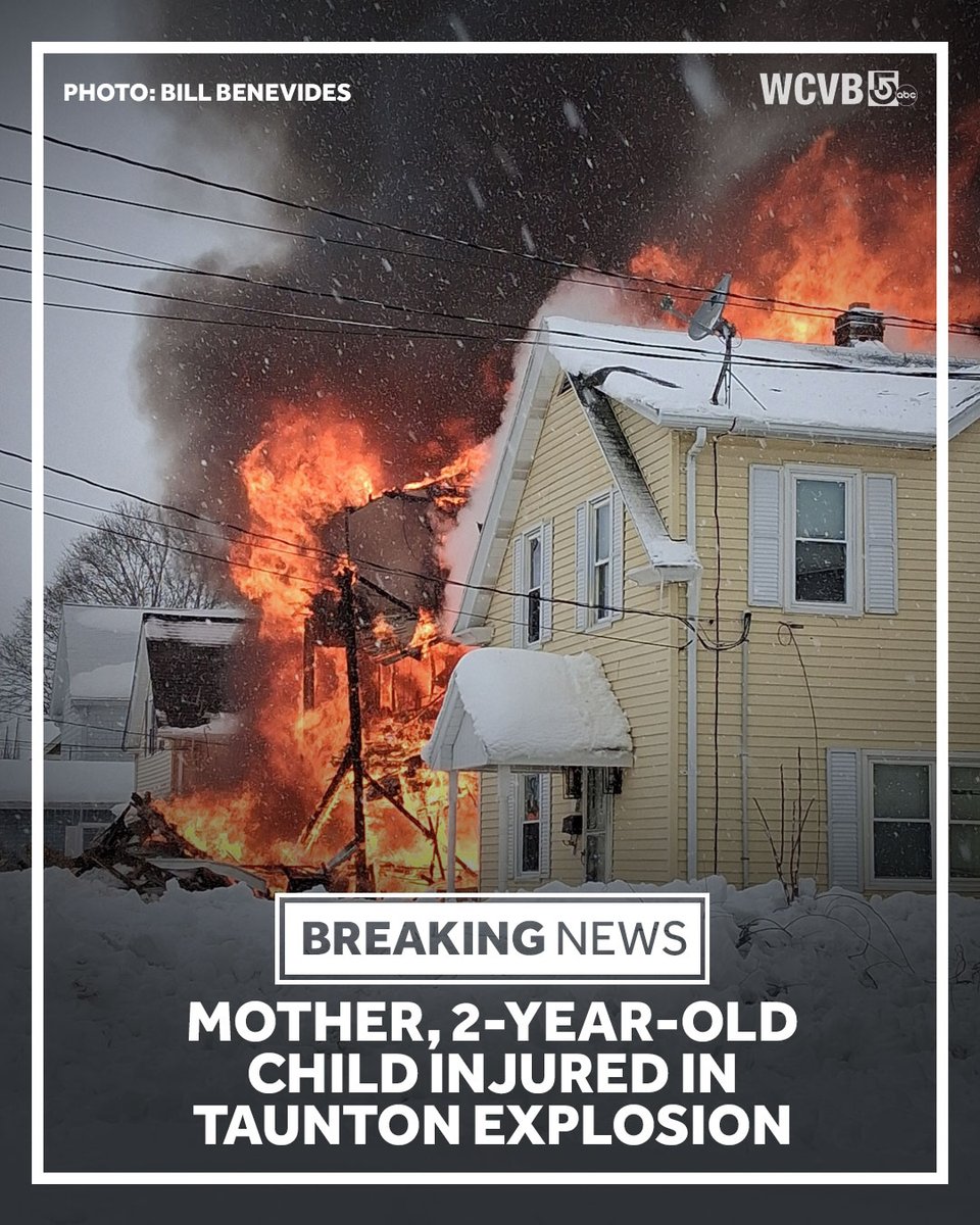 WCVB's tweet image. A mother and young child were injured by the explosion and fire that destroyed a Taunton home, according to the latest information from the fire chief. Updates: wcvb.com/article/taunto… 
#Taunton #fire #explosion #Massachusetts