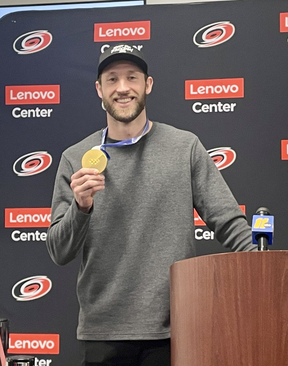 Jaccob Slavin is back in Raleigh with a gold medal! 🥇
“It was such an amazing group of guys that we won that with. There's a lot of happiness to be had in that, but at the same time, it makes you taste victory. Now it's like, I want to come back here and do it these guys, the #Canes, and be able to win a Cup with them - the guys you battle with all year long.”