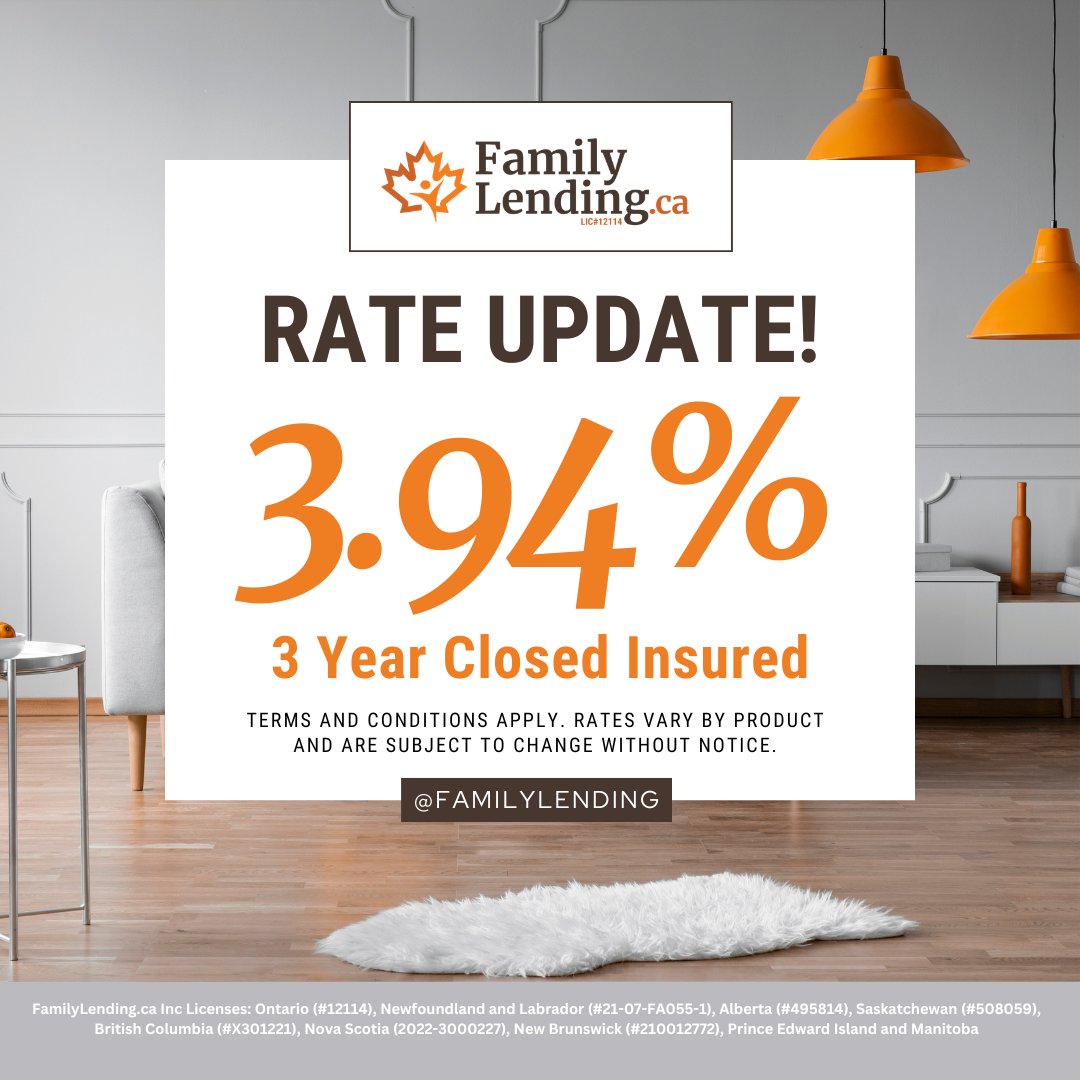 FamilyLending's tweet photo. ‼️RATE UPDATE – 3 YEAR FIXED 3.94%
Our team is ready to help you navigate all your options and find the right fit, at an affordable rate. Get pre-approved today -> https://t.co/MoSrP8uXcZ
#RefinancingSolutions #CanadianRealEstate #FamilyLending #RenewalOptions #MortgageRenewal https://t.co/N6zaZlDIIP