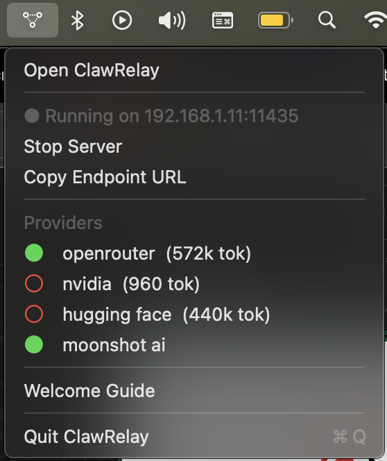 desertstackdev's tweet photo. introducing ClawRelay, native macos api router/proxy
download beta from :
TestFlight: https://t.co/L4uJ0X41Au

more info : https://t.co/WMDCW1cCyK
@steipete @openclaw

I use openClaw daily, and  i try to explore different free models from different provider.

Even after adding fallback models it might get rate-limited or sometimes the provider will fail (ex. kimi-2.5 on nvidia keeps timing out)
then  I was back in the terminal adding more models,

Many times i will screwed up the configuration.

So I built ClawRelay : local proxy/router on your mac.
its very easy to setup
- Add your providers and api key ( your key i saved securely on keychain)
- Rank your providers by dragging them up/down.
- enable-disable them, it has auto-fallback.
- watch token usage at real time
- control from system tray 

Now i don't have to configure openclaw again.