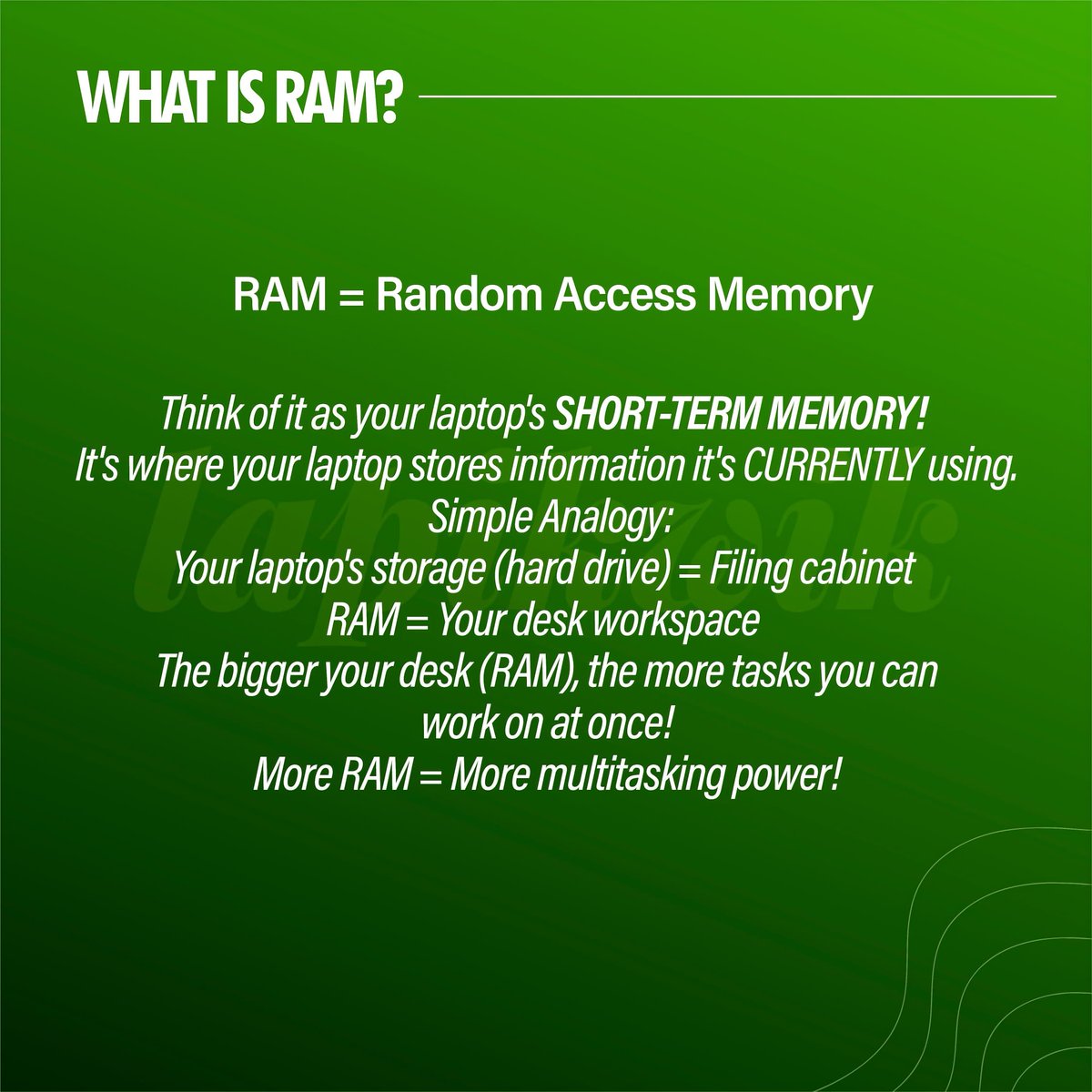 lapikwik's tweet photo. Confused about specs? We're breaking it down!

 Today: RAM explained simply. Understanding RAM helps you choose the RIGHT laptop for YOUR needs! 

Which RAM size do you need? Drop your use case in the comments! 

👇 Have questions? We're here to help! 

#Lapikwik#TechEducation https://t.co/tN3VcFqfAt