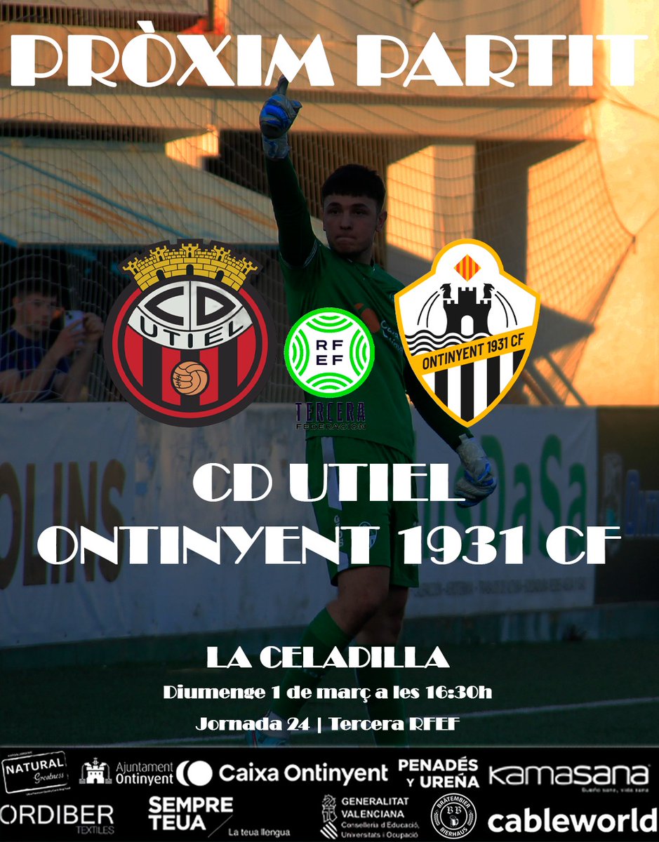 ontinyent1931cf's tweet photo. 📷 #Proximpartit 

⚽ CD Utiel - Ontinyent 1931 CF 

⌚ Diumenge 1 de març a les 16:30h

🏟️ La Celadilla https://t.co/Nq4feD8ISr