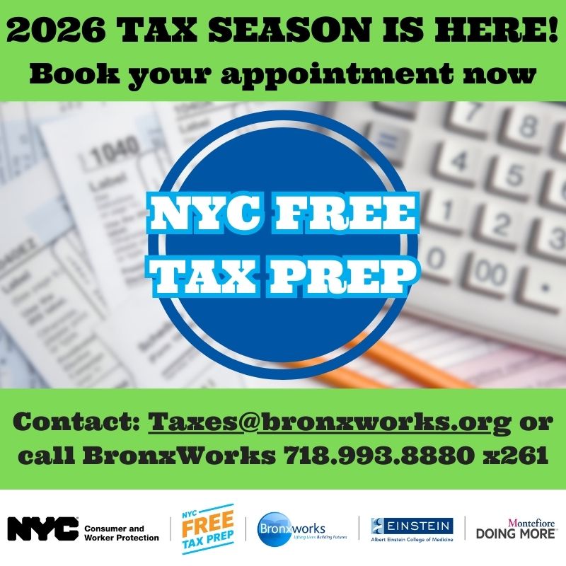 BronxWorks's tweet photo. Have you filed your 2025 taxes yet? Did you know the #NYCFreeTaxPrep program and BronxWorks are here to help you maximize your refund? Appointments are available now with BronxWorks certified tax professionals. Learn more &amp; book an appt.: https://t.co/X73h4Omyrr. https://t.co/Bjt4QWk3UW