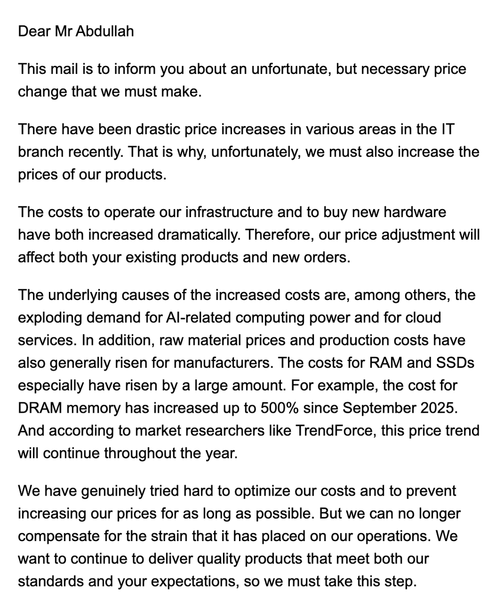 047_abdul's tweet photo. Hardware is getting expensive, hosting providers are raising prices, softwares are adding AI and raising prices.   

Interesting times. https://t.co/TzlRguG0TX