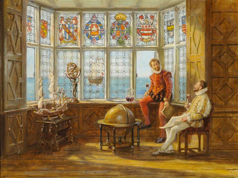 HistoriaJack's tweet photo. Francis Drake and Walter Raleigh toasting their next adventure https://t.co/OSHLMmxj8y