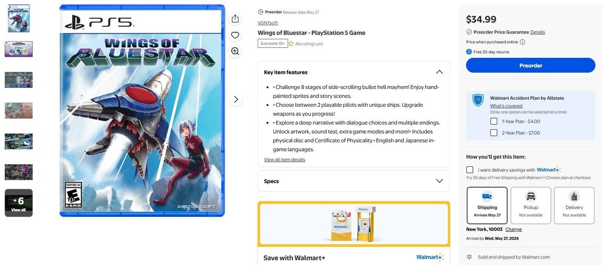 VGNYSoft's tweet photo. The Standard Edition of #WingsOfBluestar is now available for pre order at Walmart. If you’re looking for the premium experience, the Extra Edition is available exclusively through us in limited quantities.
Shmup for All: https://t.co/MSs3bnyOkd
Extra Edition: https://t.co/p2keHYWTRp
#Shmup #STG #PS5 #PhysicalIndie #IndieGaming #PreOrder