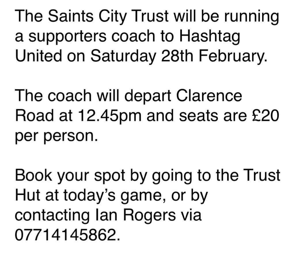 Don’t forget to book your seat on Saturday’s supporters coach! 🚌

Contact Ian Rogers ASAP ⬇️