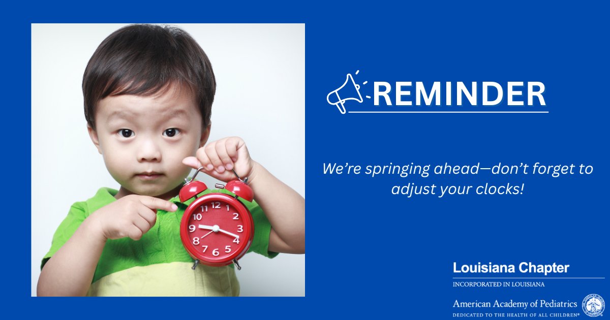 MyLAAAP's tweet photo. ⏰ Spring Forward Reminder!

Don’t forget to move your clocks ahead one hour. Changes in routine can be challenging for children and teens.

Pediatricians—check out and share our helpful tips to support families as they adjust to the time change.

Visit https://t.co/J4DolmkQqf. https://t.co/PNM89uBenE