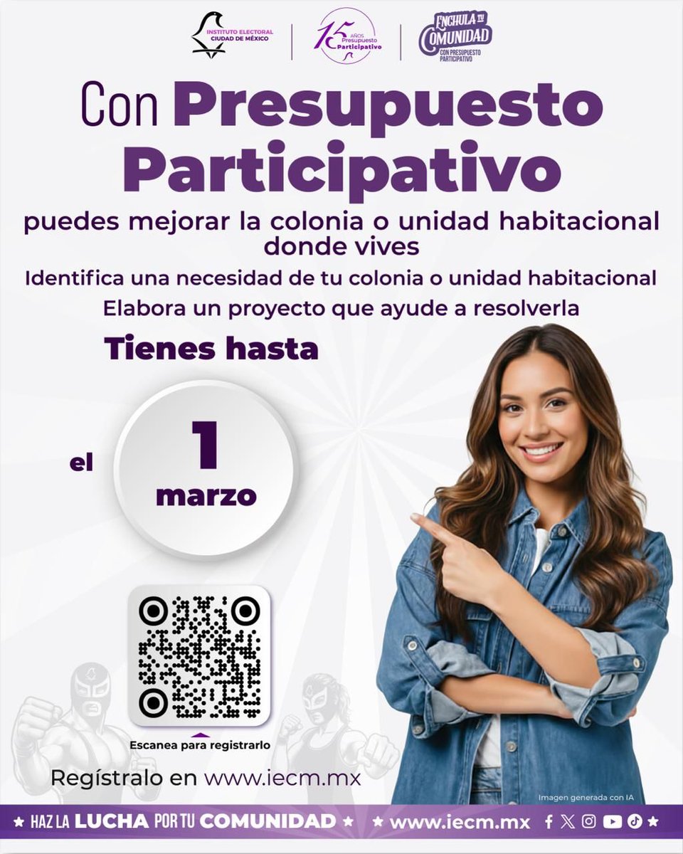 iecm's tweet photo. Se amplió el plazo para registrar proyectos del Presupuesto Participativo.

Ahora tienes hasta el 1 de marzo para proponer ideas que mejoren tu colonia o unidad habitacional.

Participar es sencillo: identifica una necesidad, crea tu proyecto y regístralo. Tu propuesta puede hacer la diferencia en tu comunidad.