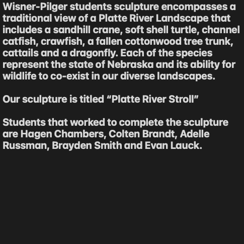 Advanced Welding students (Evan L, Colten B, Hagen C, Adelle R, and Brayden S) have been working on a welding sculpture to submit to the Ken Iverson Project Contest. Their sculpture is entitled "Platt River Stroll". Great work and good luck!